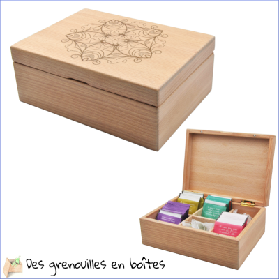 Boîte à thé en bois, 6 cases, personnalisable, fabrication française