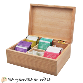 Boîte à thé , 6 compartiments, boîte en bois 6 casiers, ouverte avec des sachets. des grenouilles en boîtes