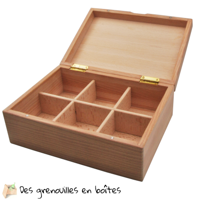 Boîte à thé , 6 compartiments, boîte en bois 6 casiers, boîte ouverte avec des charnières dorées