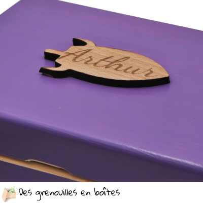 coffrer de en bois peint à la main, violet, rangement pour enfant, boîte à souvenir, boîte à crayons, à photo